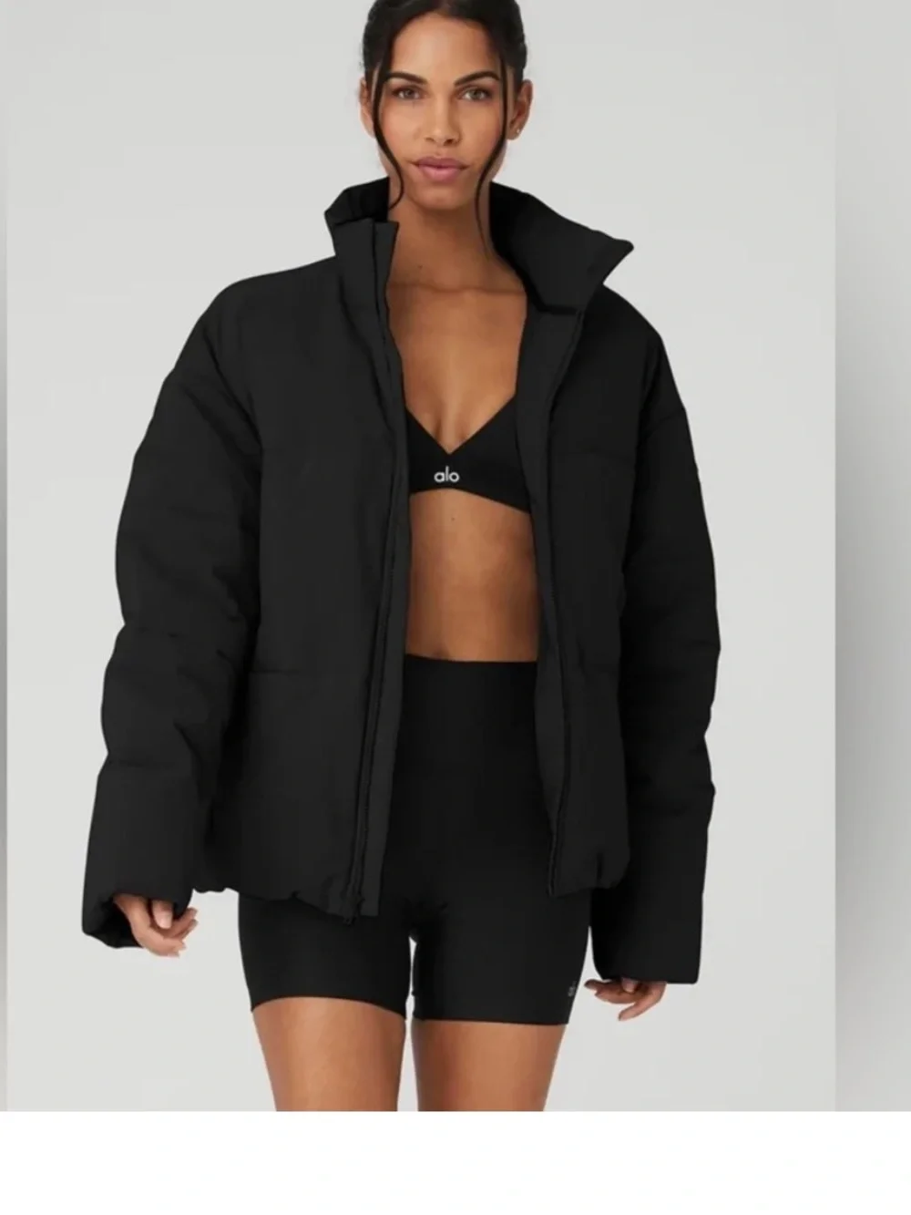ALO Yoga Black Oversized Puffer Jacket with High Collar
